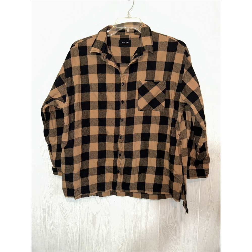 Risen Medium Brown Black Buffalo Plaid Button Front Flannel‎